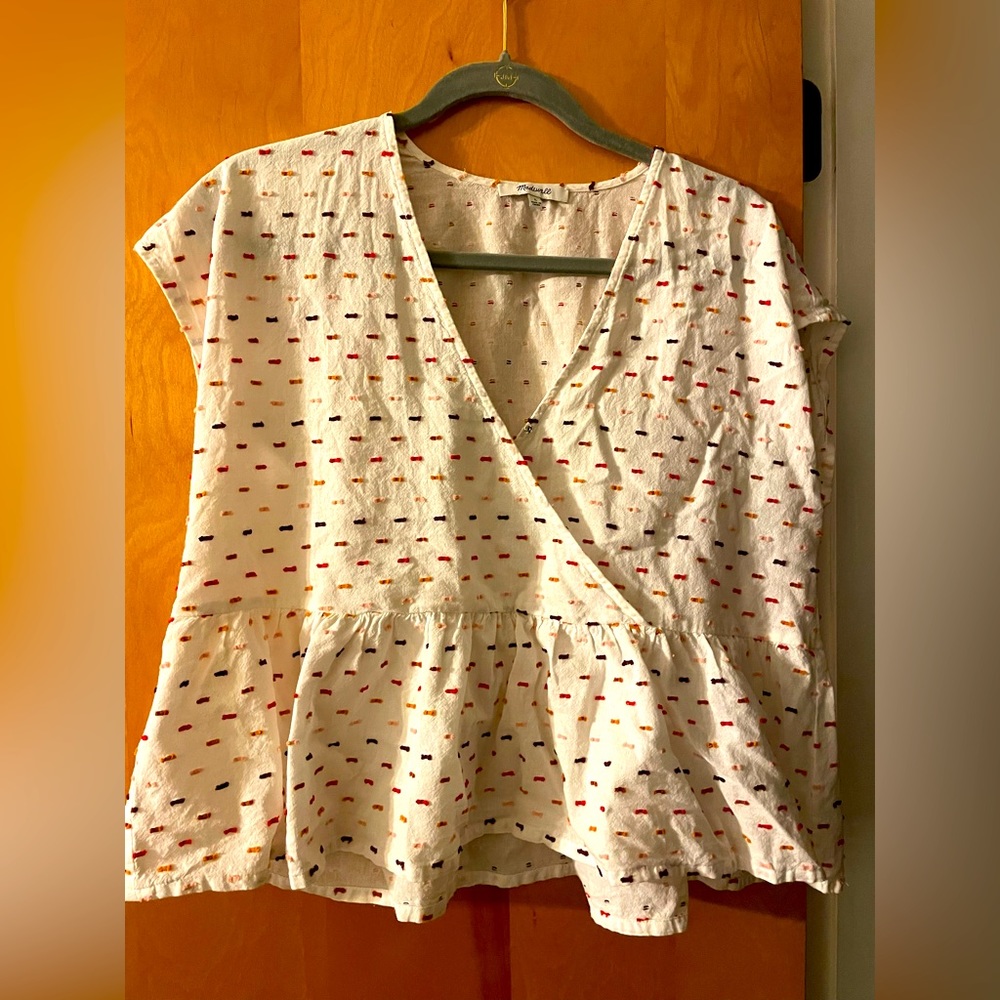 Madewell White Multicolor Embroidery Stitched Peplum Faux Wrap Top